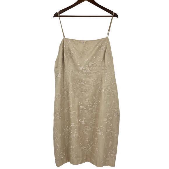 Talbots silk embroidered beaded cream tan slip floral classic dress plus size 20 - Picture 1 of 8